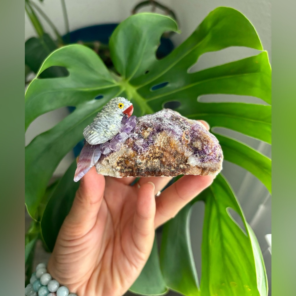 Parrot carving on Purple Fluorite ~ Handcrafted - Picture 2 of 4